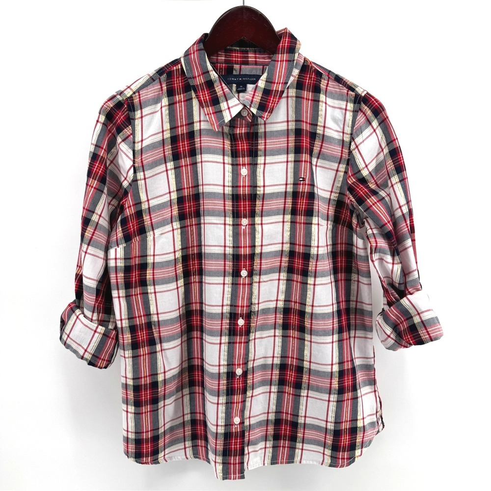 Tommy Hilfiger Button Down Women Medium Red Plaid Metallic Gold Holiday Festive